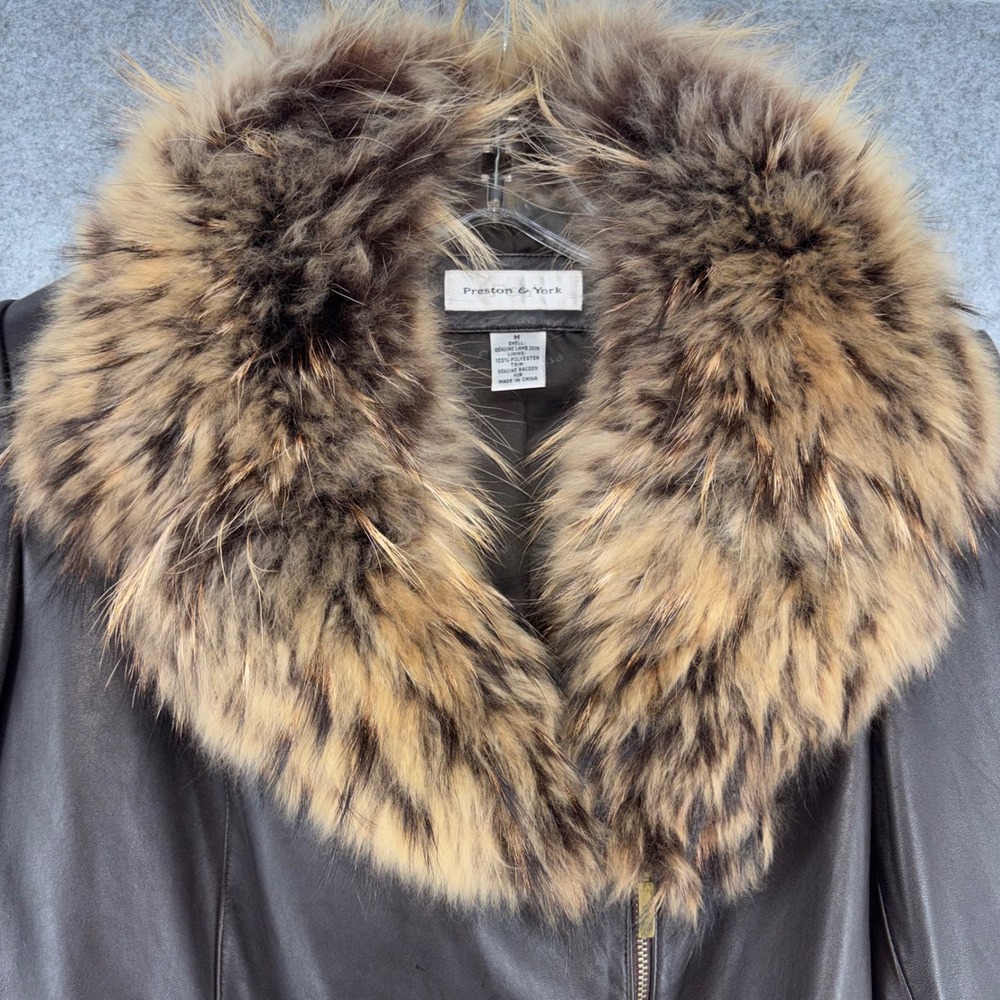 Preston & York Brown Lambskin Leather Jacket Genuine Raccoon Fur Collar Medium - Picture 2 of 11